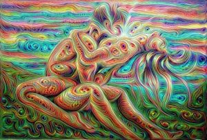Colorful swirling artwork depicting love making