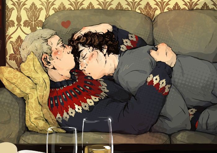 John kisses forehead while holding a sleeping Sherlock on the sofa