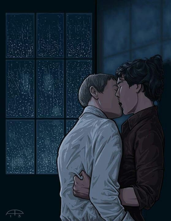 Sherlock and John against wall kissing raining against window.