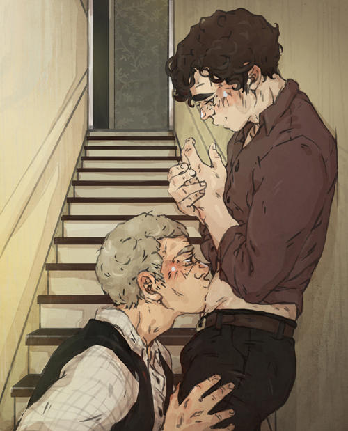 John kisses Sherlock's belly on steps of 221B