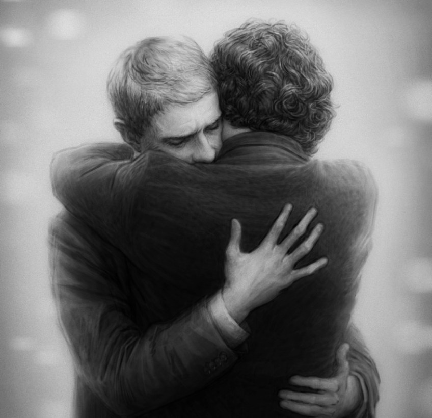 Drawing of Sherlock and John in a tight embrace