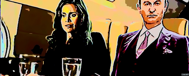 Anthea and Mycroft seated on plane