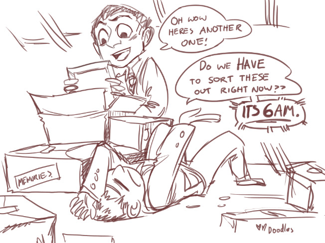 Greg and Mycroft in attic sorting through boxes of memories