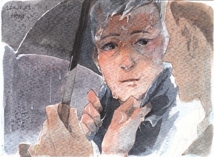 Art of Greg and Mycroft in under an umbrella in the rain.