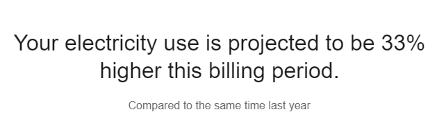 screen capture of utility bill that reads: Your electricity us is projected to be 33% higher this billing period. Compared to same time last year