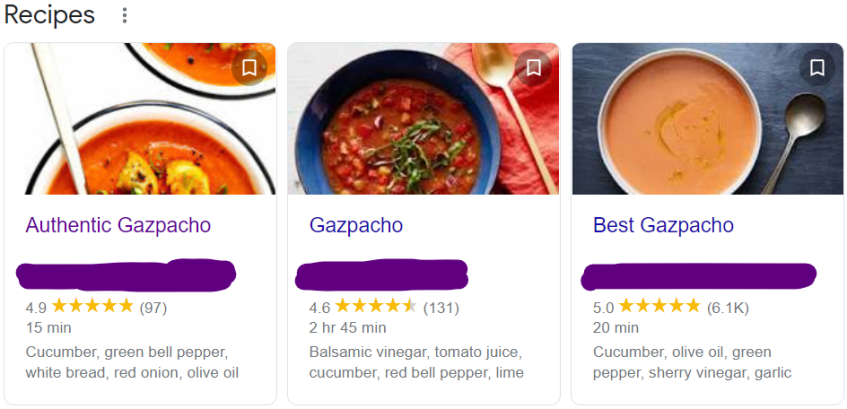 Screen capture of three gazpacho recipe options