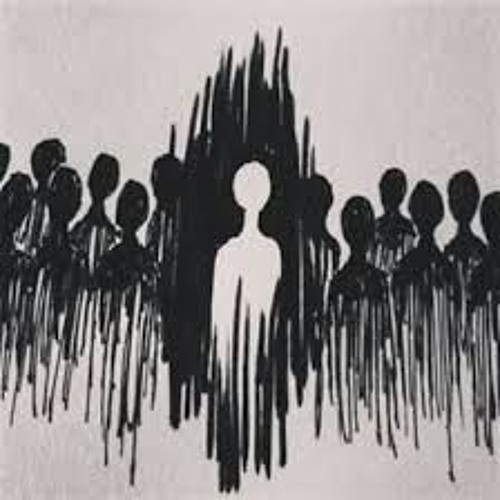 Abstract artwork of one pale figure alone amongst an array  of dark figures.