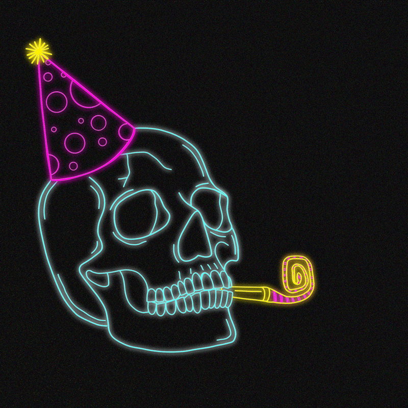 Animated neon skull with blow streamer and party hat.