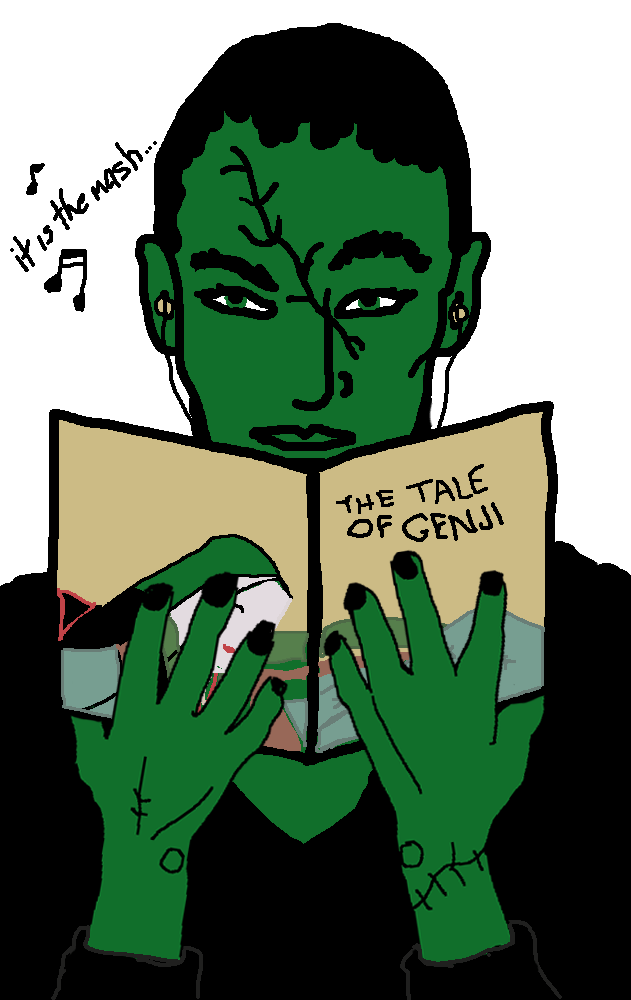 A modern-day Frankenstein's creature listen's to tunes while reading the ultimate classic.