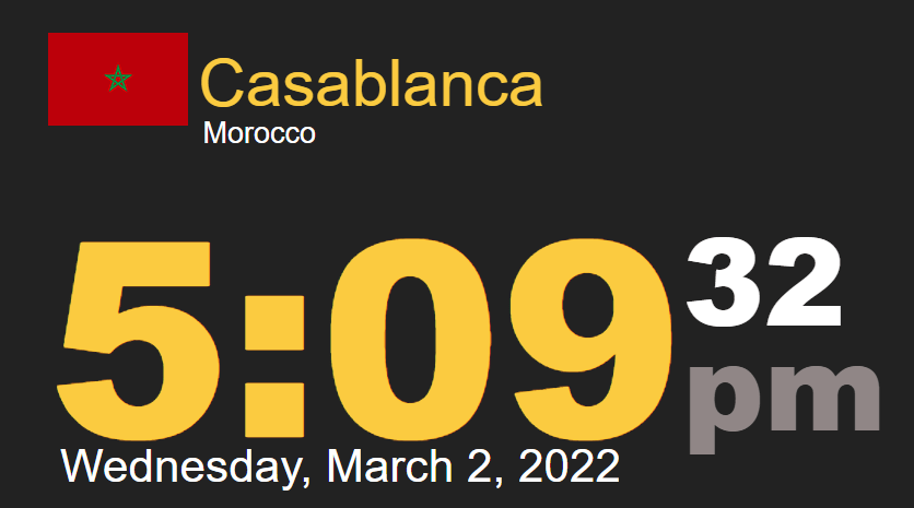 Time in Casablanca, Morocco 5:09:32pm, Wednesday, March 2, 2022