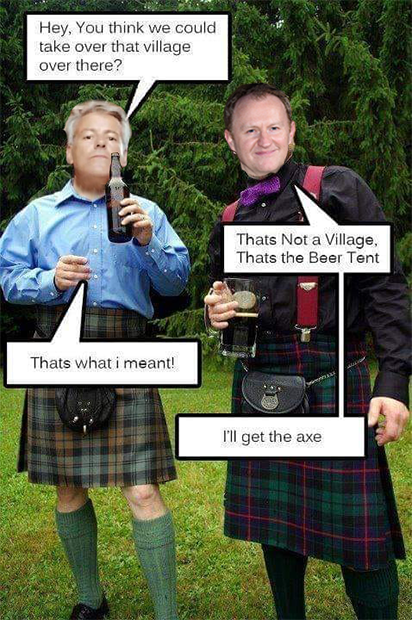Two beer drunk men in kilts plot to take over a beer tent
