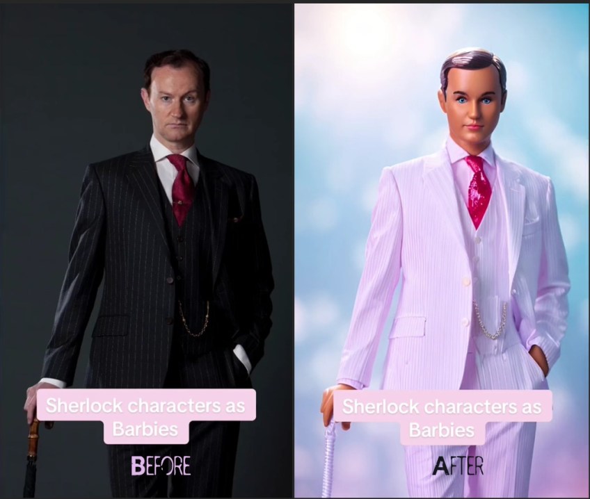 Mycroft Holmes in a black 3-piece suit compared to his "Barbiefied" 3-piece suit in Barbie Pink.