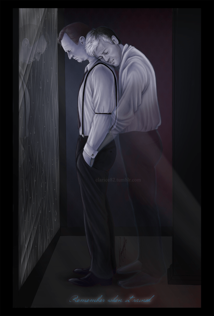 Mycroft standing at window watching it rain. The ghost of Gregory holding him.
