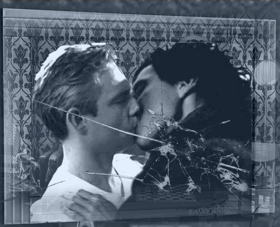 johnlock kiss in front of cracked mirror