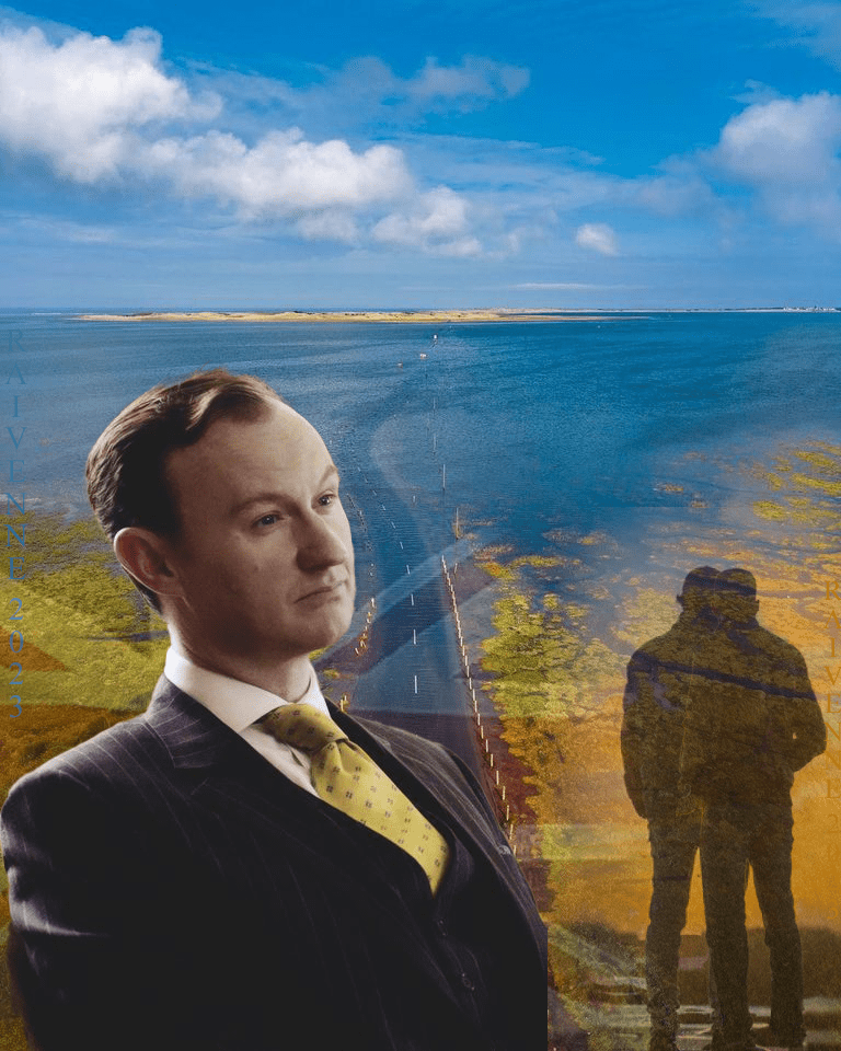 Mycroft Holmes against background of the Union Jack flag and Holy Island Causeway at High Tide, silhouette of two men