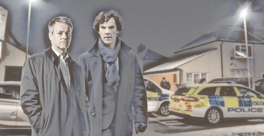 Greg and Sherlock at crime scene