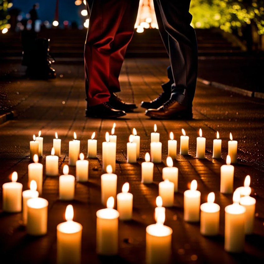 Photo of the lower legs of two men standing close together. They are outside before an arrangement of lit candles on the ground.