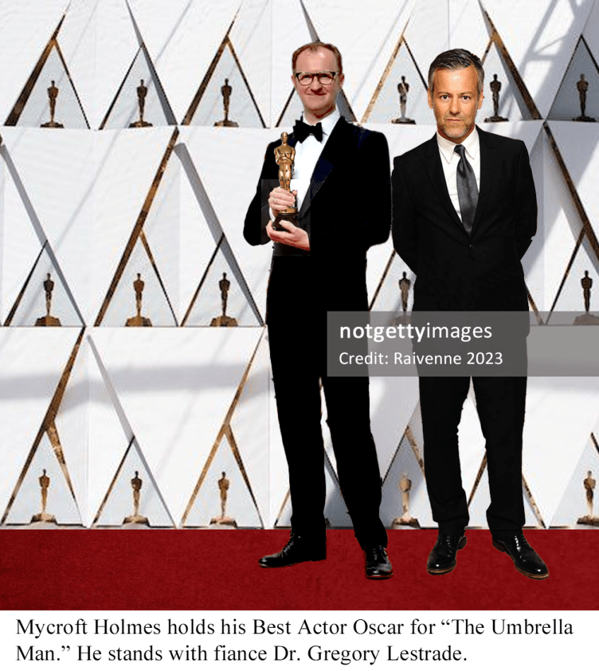 Mycroft holding Oscar standing with Greg on red carpet