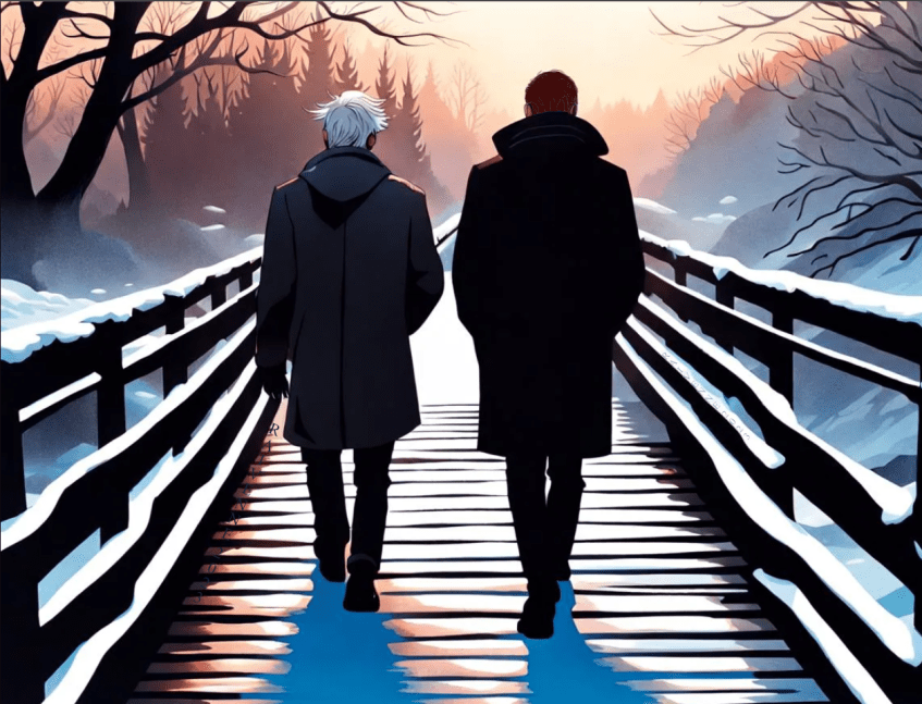 Two men walking across a foot snowy bridge in a park near sunset