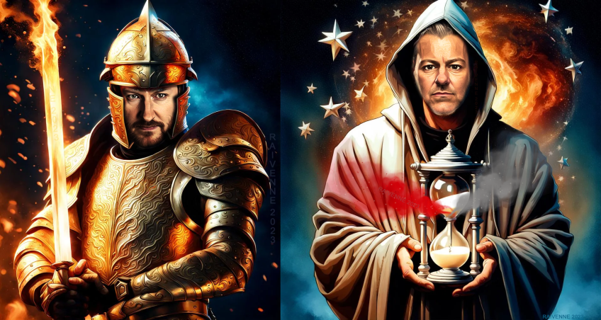 Mycroft in gold armor as War. Greg in cream robe as Chronos