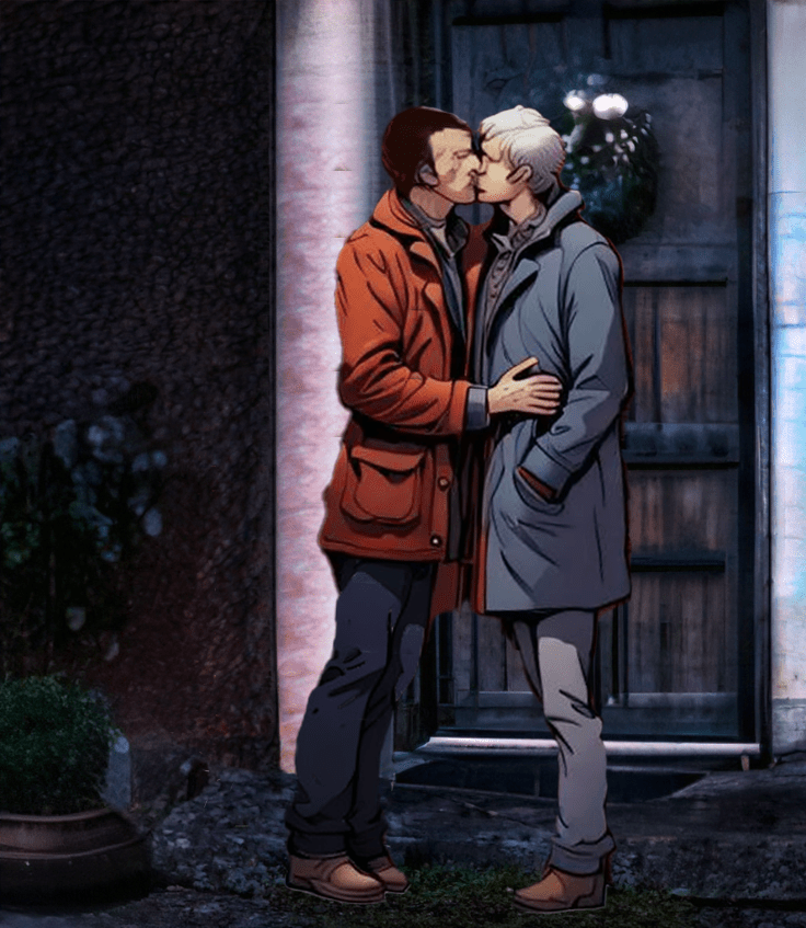 Mycroft and Greg kissing in front of the Holmes parents front door