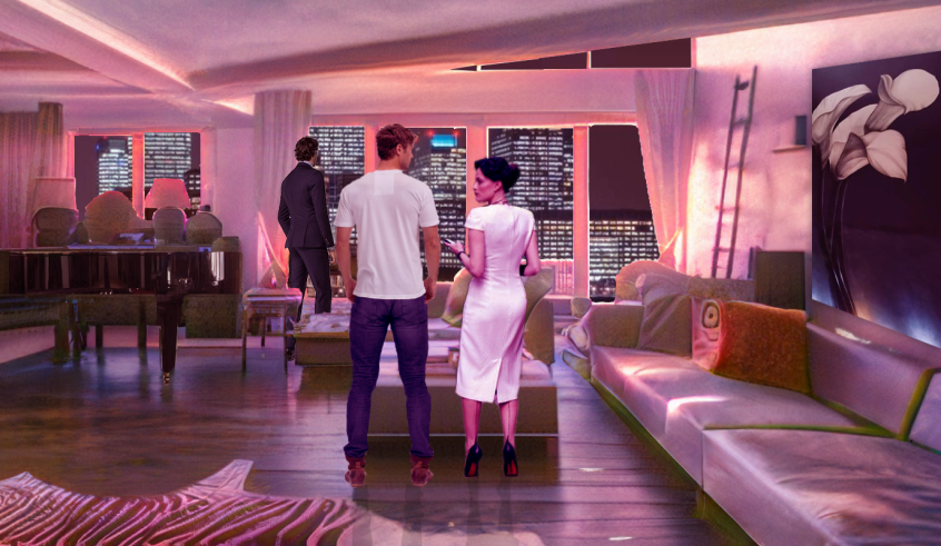 Jim's Penthouse condo at sunset night Liam and Irene talking, Sebatian at window
