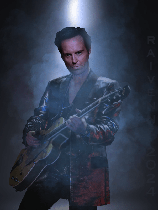 Moriarty with guitar on dark stage bathed in blue light