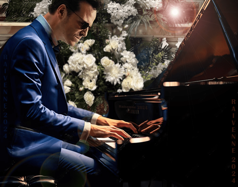Jim playing piano in a church a standing wreath of white flowers in background