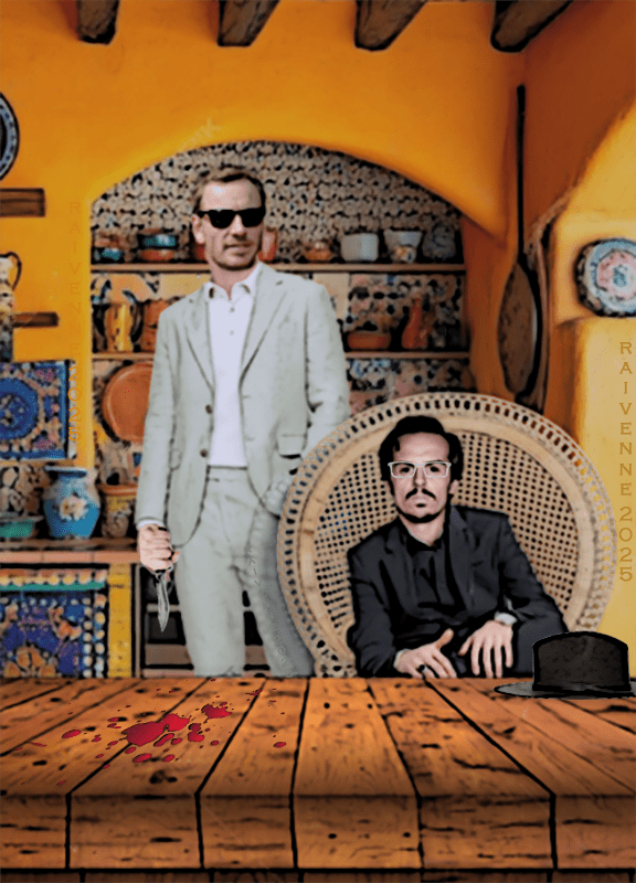 Sebastian is standing, and Jim, aka "Mr. Vega," is seated at a table in a cantina in Mexico. Blood splatters on the table. Sebastian has a knife in his hand.