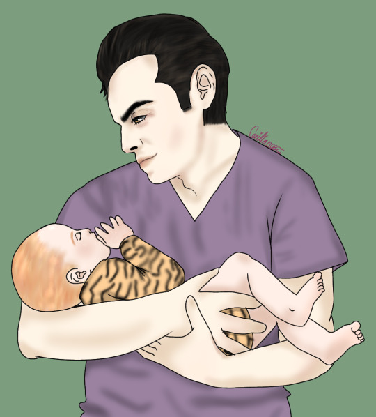 No. 161 Drawing of Jim holding Aiden wearing tiger-print baby clothes by ceci-silly-drawings on Tumblr