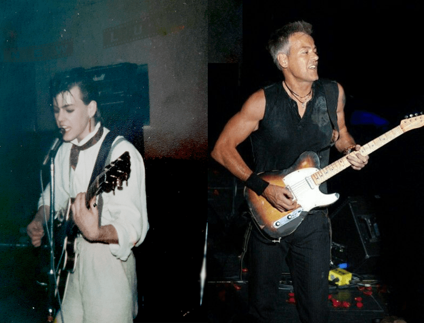Photo manip of actor Rupert Graves, playing guitar at different ages as Greg Lestrade